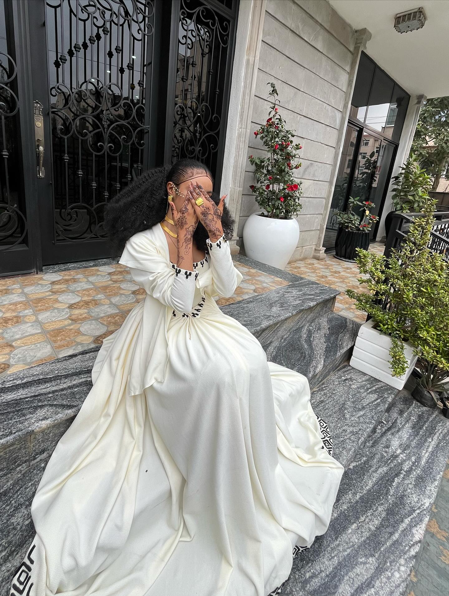 Elegant White Ethiopian Dress Black Geometric Border Design Habesha Kemis Graceful Habesha Dress For Occasions 0081