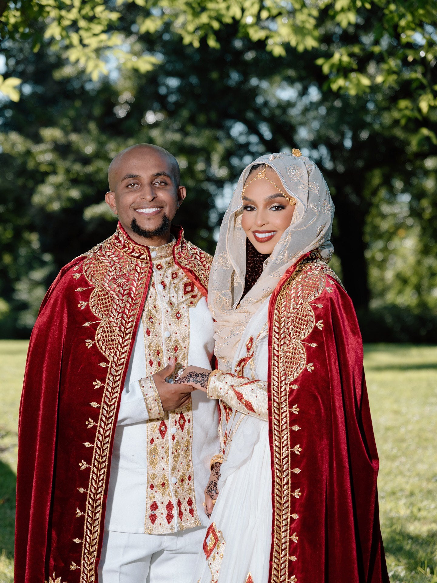 Matching Royal Ethiopian Wedding Attire Traditional His & Hers Cultural Set Red And White Embroidery Habesha Couple's Outfit 0087