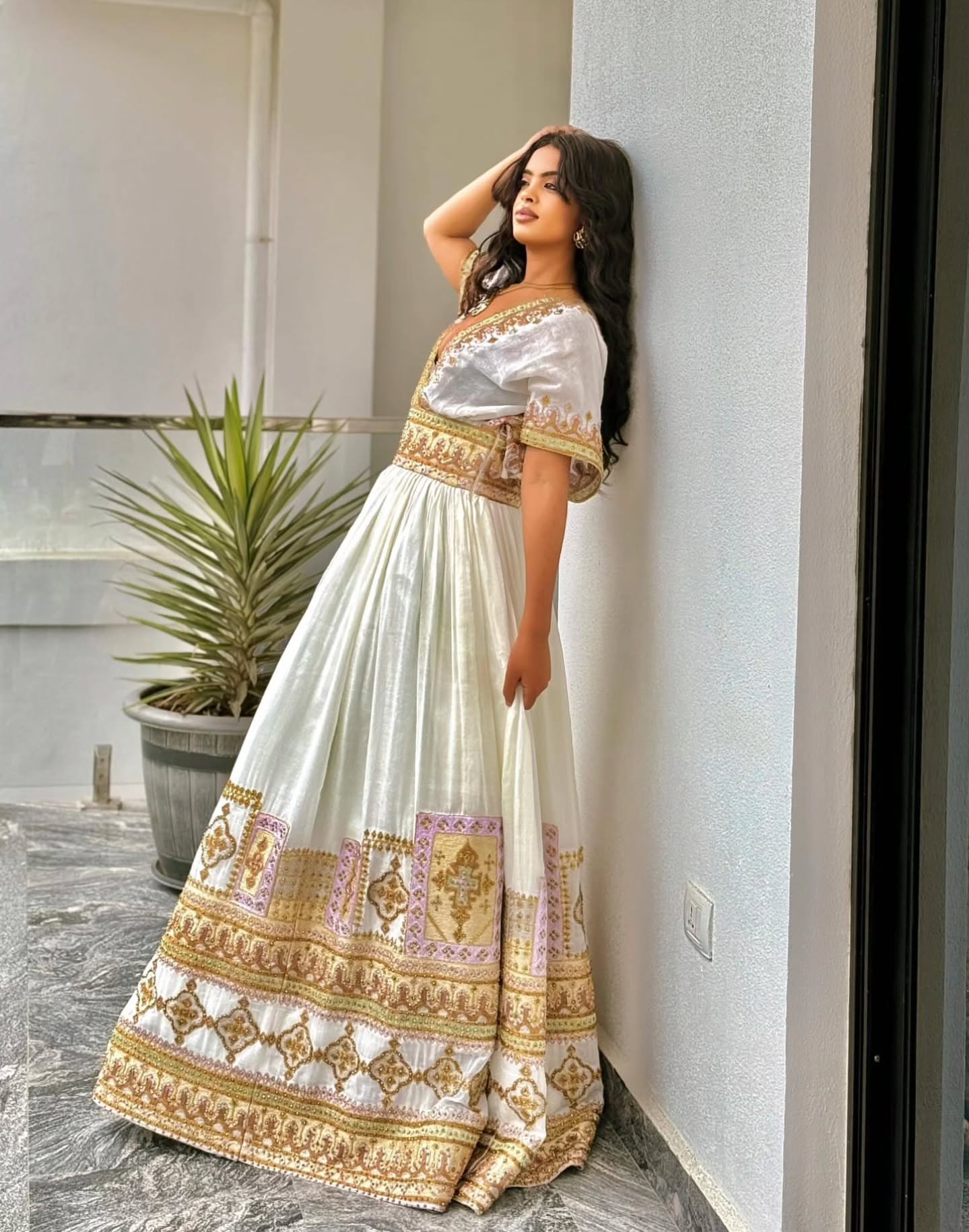 Luxury Traditional Ethiopian Wedding Dress Gold & Lilac Detail Habesha Kemis V-neckline Habesha Dress 153