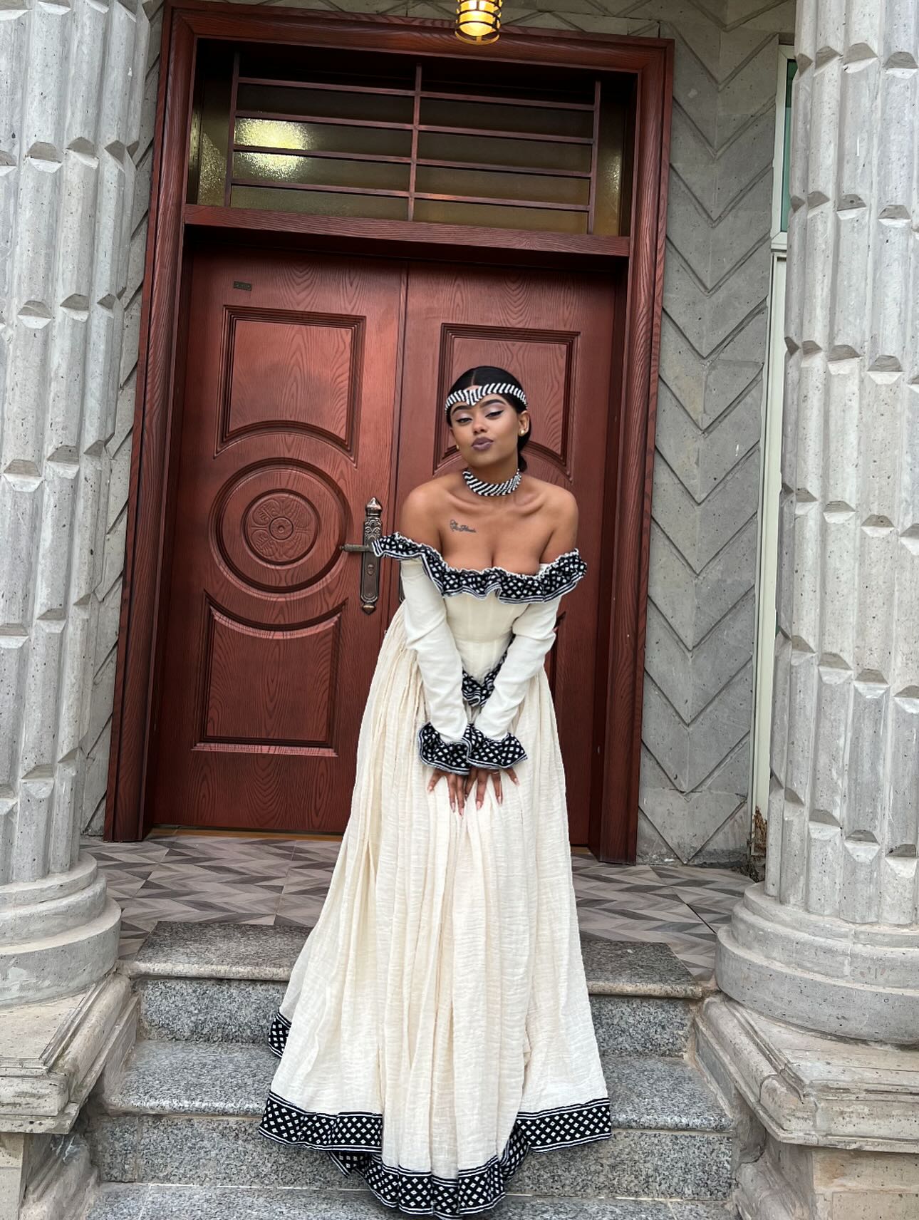 Off-Shoulder Habesha Dress Traditional Ethiopian Clothing For Festive Black Embroidery Habesha Kemis 189