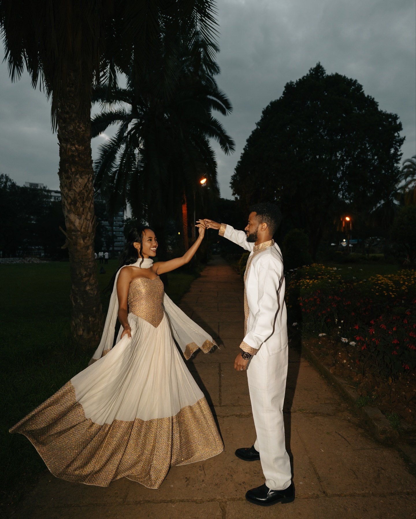 Ethiopian Couple Wear Coordinated Traditional Gold and White Attire Habesha Kemis And Men's Suit 183