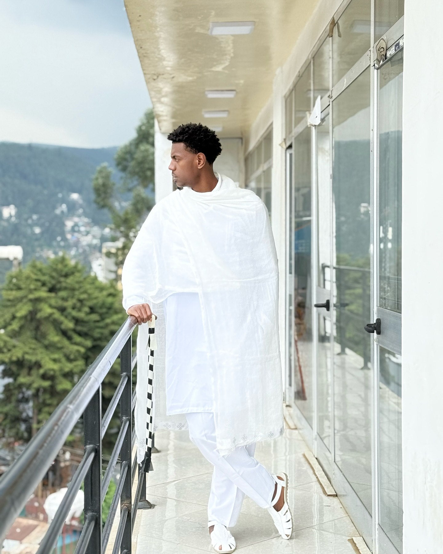 Classic Ethiopian Men’s Traditional Clothing White Outfit with Netela Cultural Men's Outfit 0071