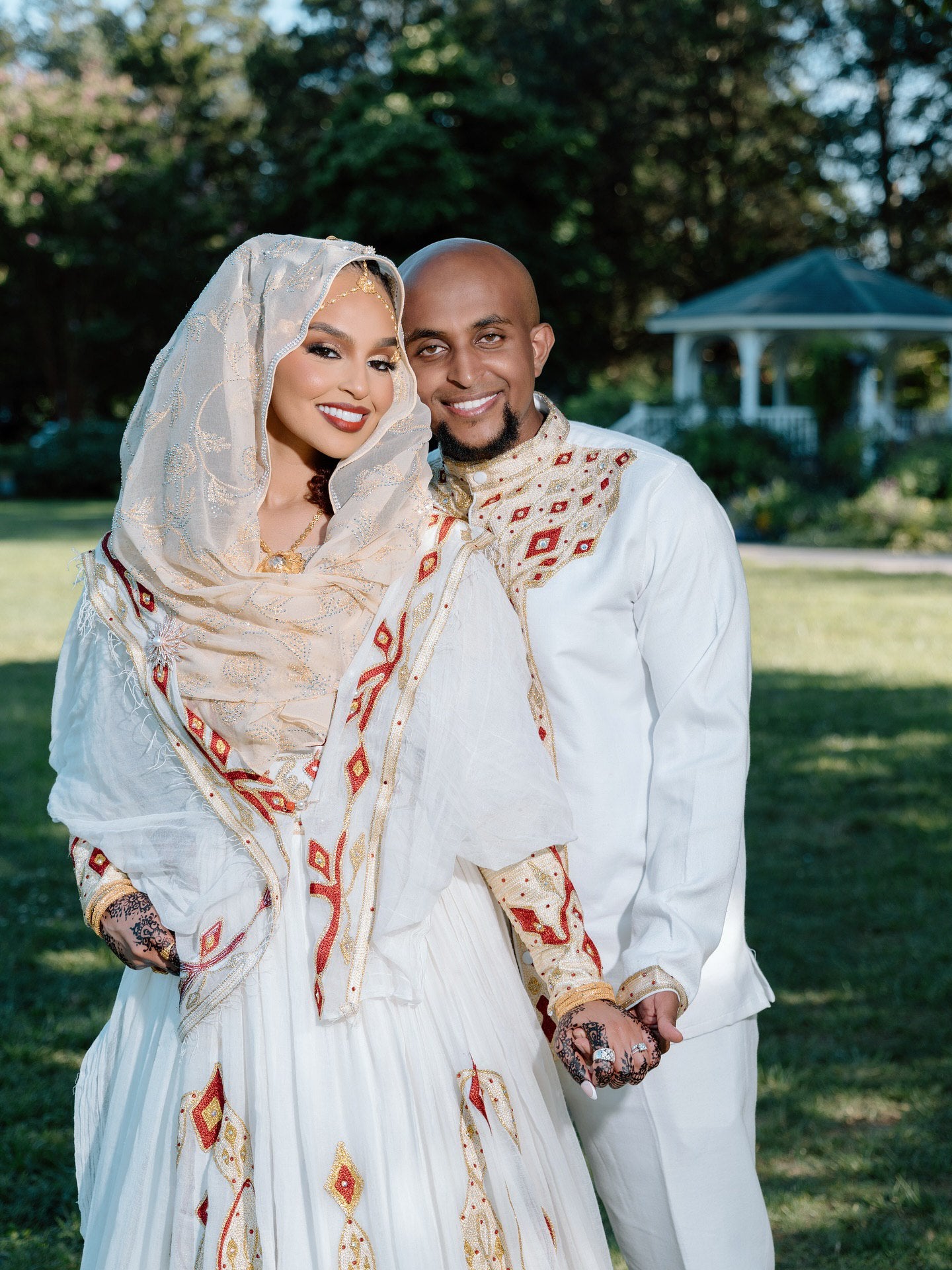 Matching Royal Ethiopian Wedding Attire Traditional His & Hers Cultural Set Red And White Embroidery Habesha Couple's Outfit 0087