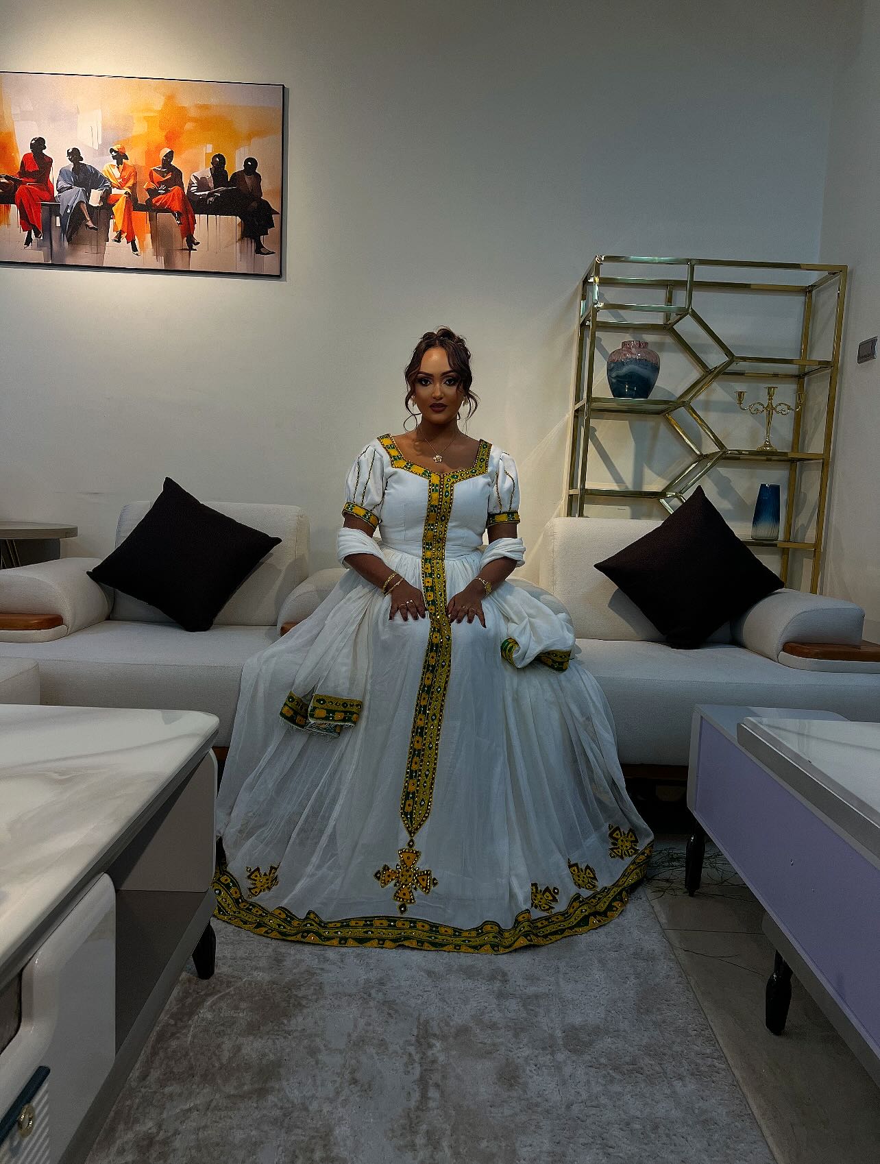 Traditional Ethiopian Dress Yellow Cross Embroidery Habesha Kemis Stunning Habesha Dress For festive 166