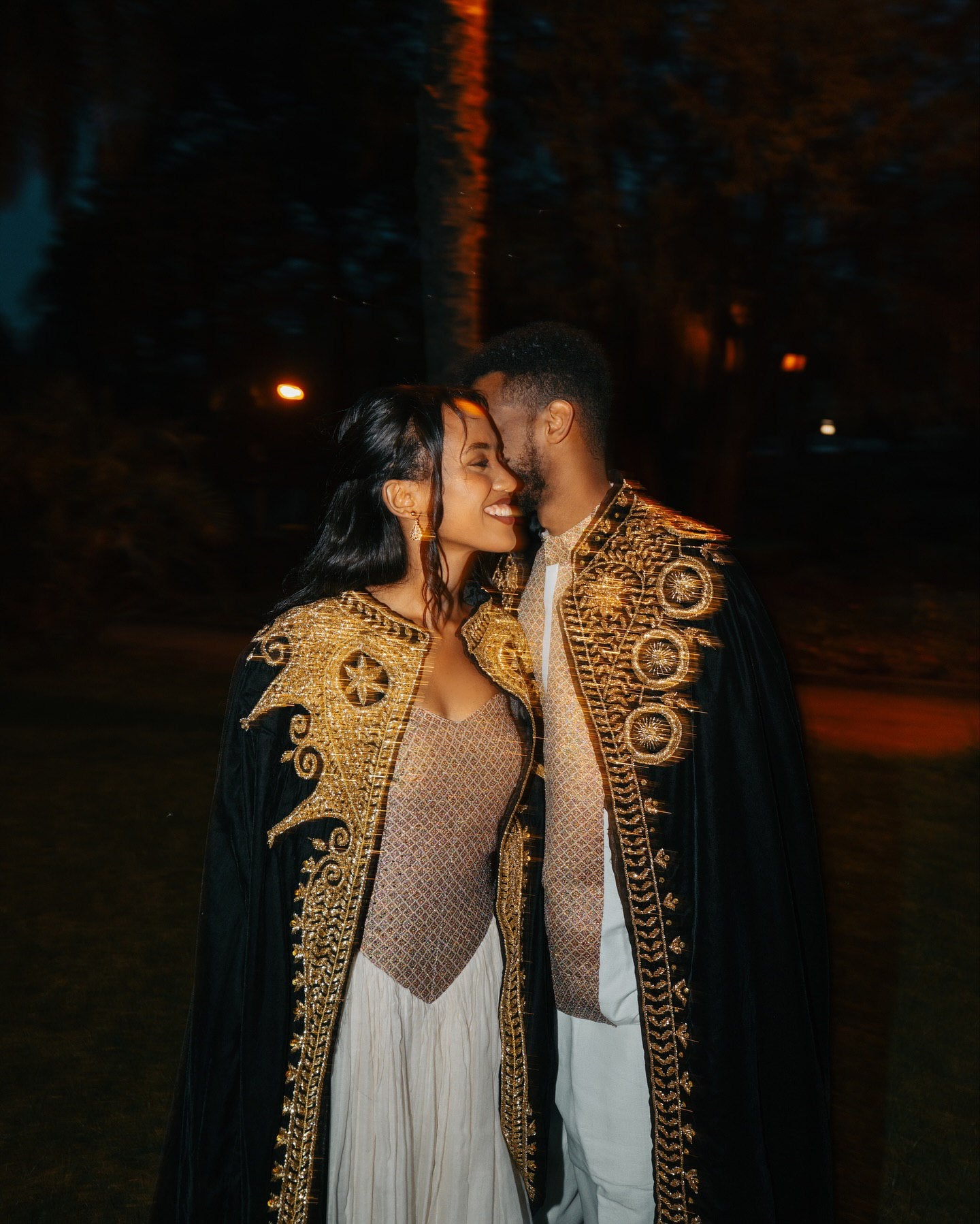 Ethiopian Couple Wear Coordinated Traditional Gold and White Attire Habesha Kemis And Men's Suit 183