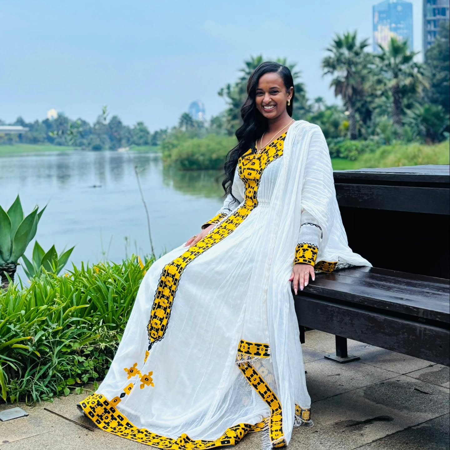 White And Yellow Traditional Ethiopian Dress Modern Embroidery Design Habesha Dress Handwoven Habesha Kemis 182