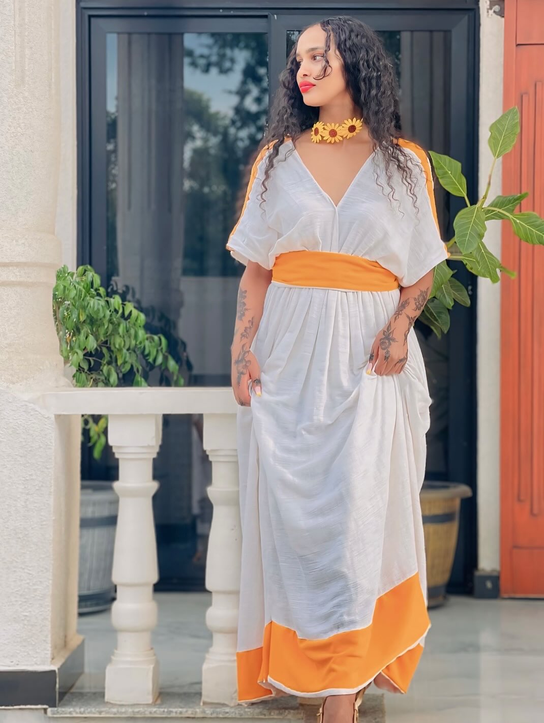 Orange And White Ethiopian Traditional Dress Simple Habesha Kemis Unique Habesha Dress For Event 194
