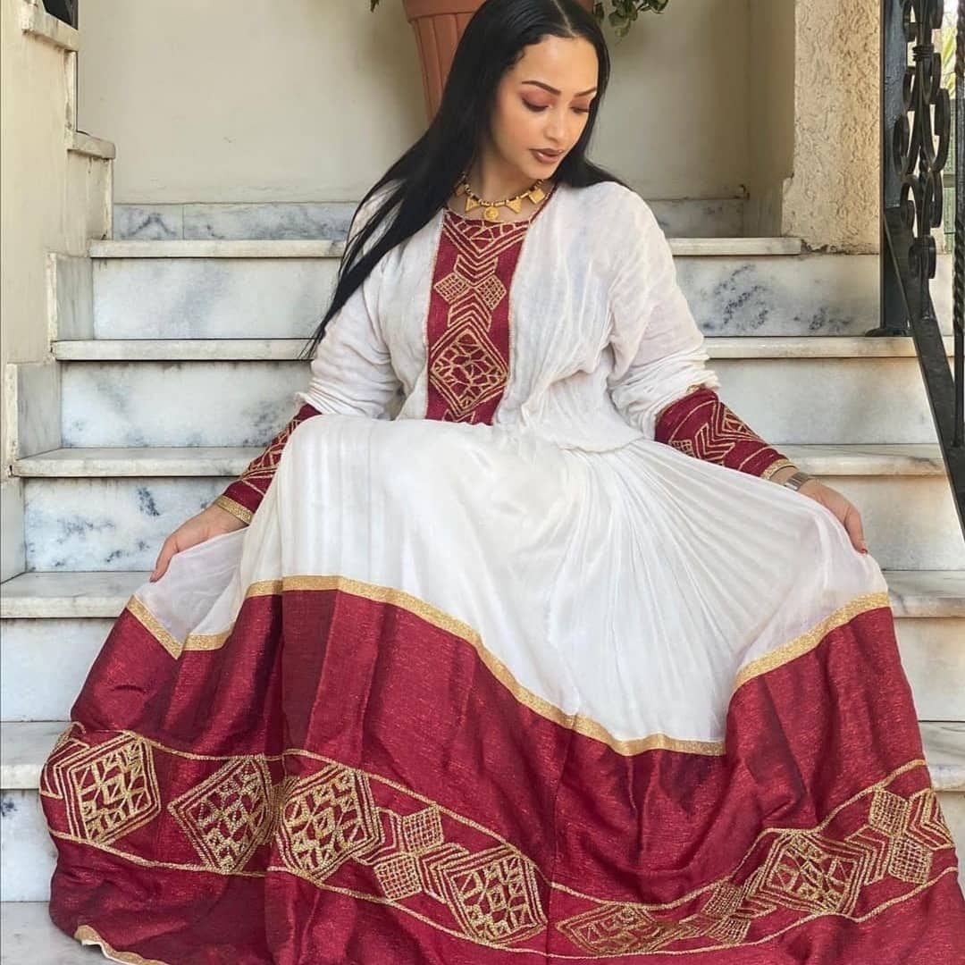 Beautiful Vibrant Shimena Dress with Tilf Embroidery, Habesha dress, Habesha Kemis, Eritrean dress, αα α»