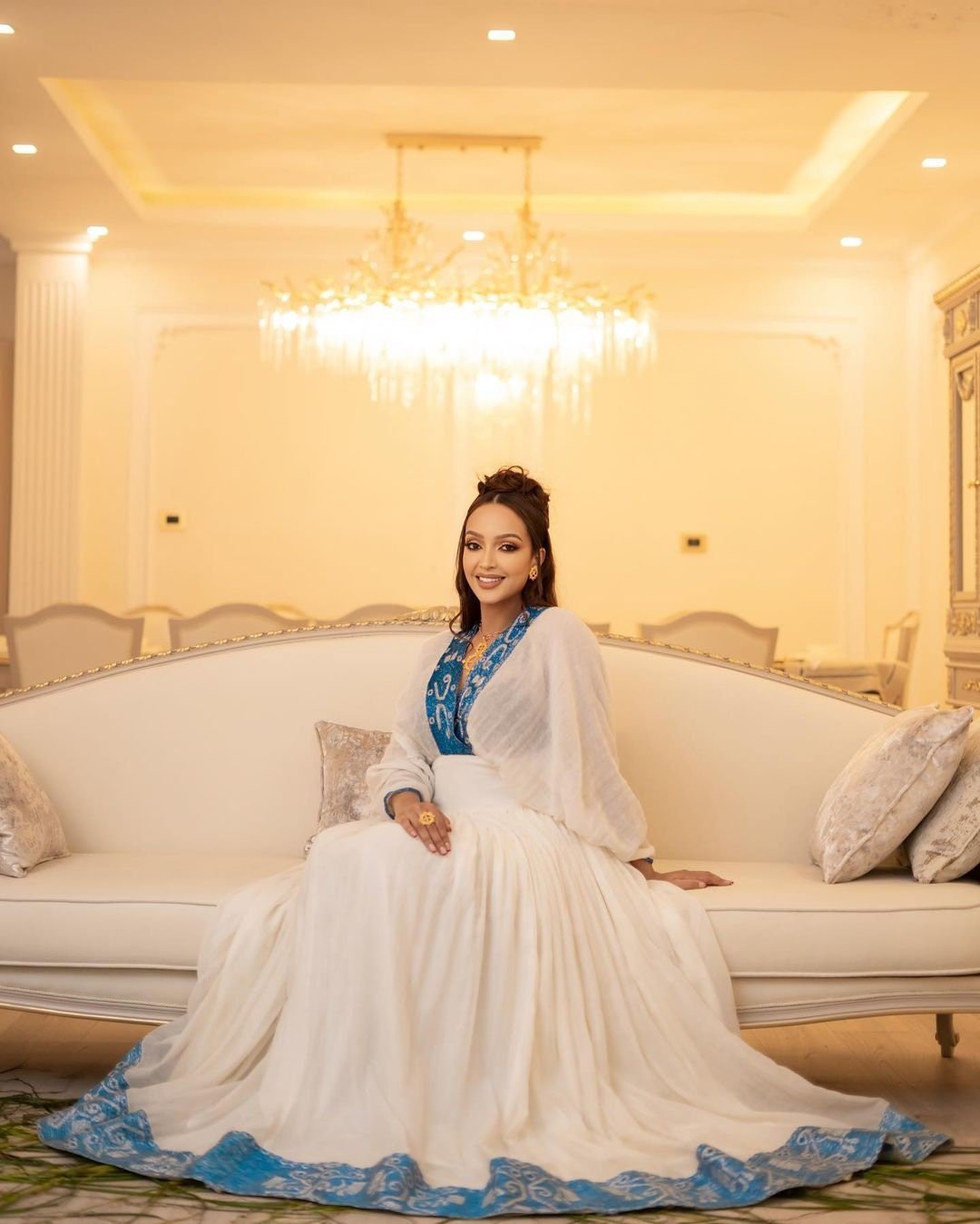 A Stunning Habesha Kemis with Menen Fabric, Modern Shimena Dress, and Blue Tilf Designs, habesha libs, habesha kemis, ሀበሻ