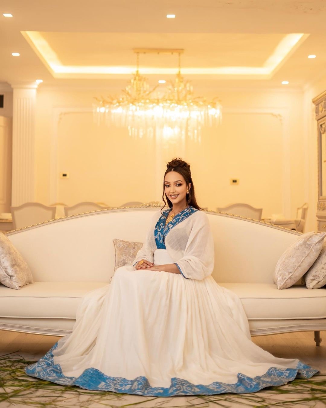 A Stunning Habesha Kemis with Menen Fabric, Modern Shimena Dress, and Blue Tilf Designs, habesha libs, habesha kemis, ሀበሻ