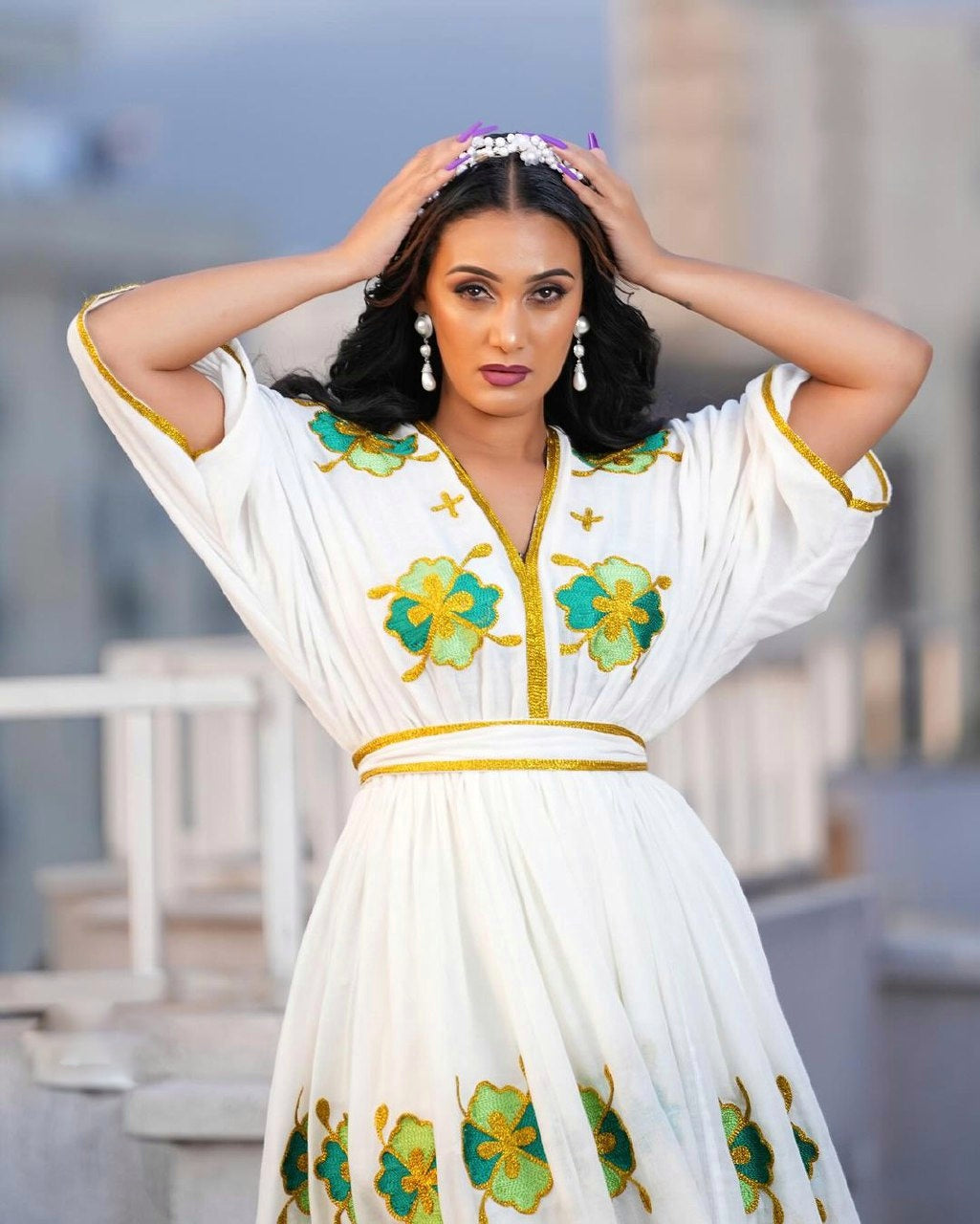 Stylish Elegance Green and Blue Habesha Dress Chic Habesha Kemis