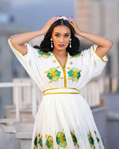 Stylish Elegance Green and Blue Habesha Dress Chic Habesha Kemis