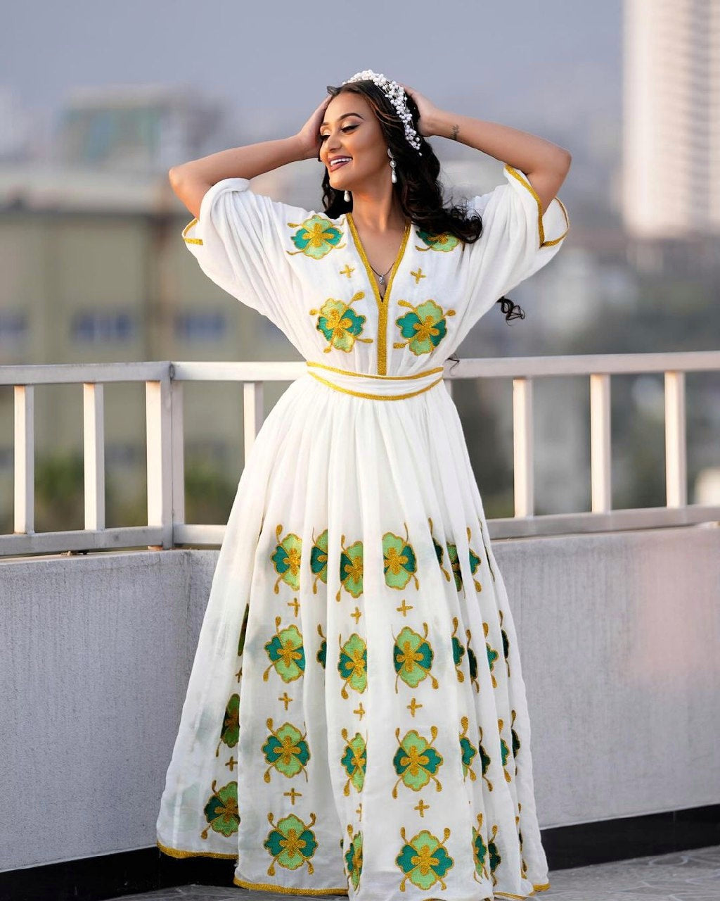 Stylish Elegance Green and Blue Habesha Dress Chic Habesha Kemis