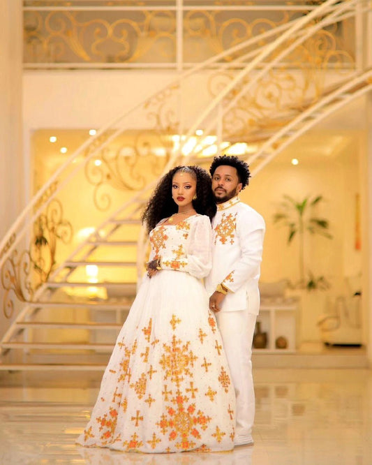 Beautiful Light-Color Design Habesha Couples Outfit 