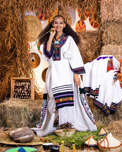 Elegant Dark-Toned Ethiopian Traditional Dress Beautiful Habesha Dress