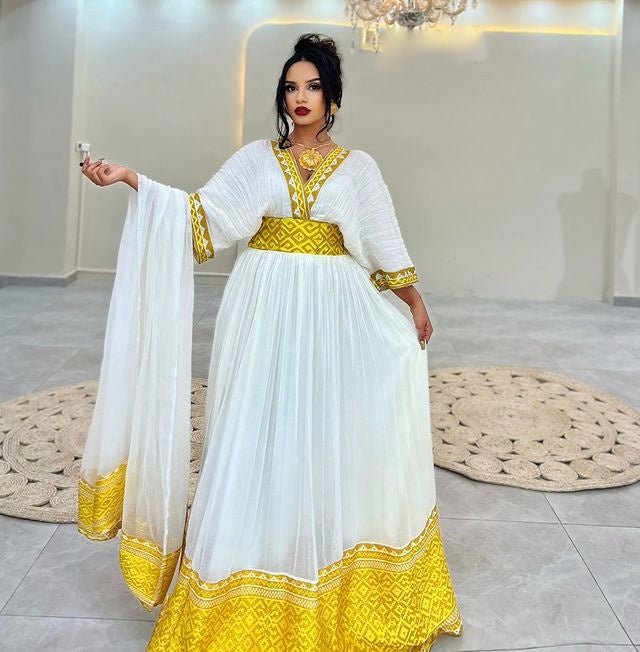 Flowing Yellow & White Habesha Dress with Sheer Shawl - Traditional Ethiopian Attire, Zuria Style main image 1