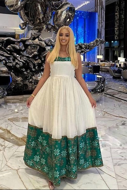 Gorgeous Green Habesha Dress Modern Habesha Kemis Ethiopian Traditional Dress with Stunning Pattern