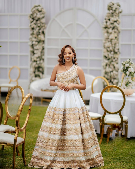 Golden Embroidery Ethiopian Traditional Dress For Wedding