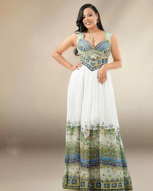 Green Embroidery Habesha Kemis For Wedding