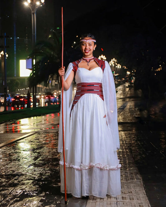 White oromo dress with embroidery  traditional habesha kemis ethiopian cultural wear