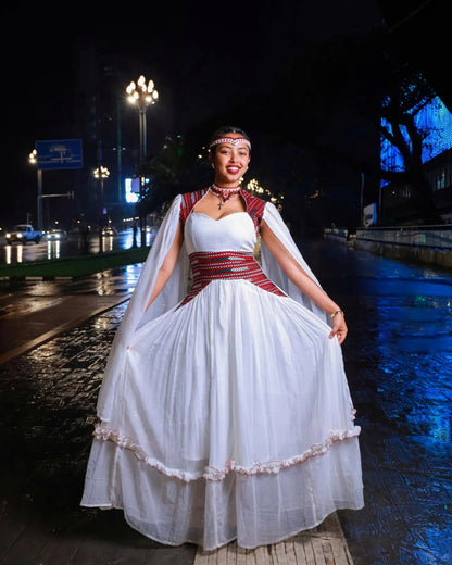 White oromo dress with embroidery traditional habesha kemis ethiopian cultural wear
