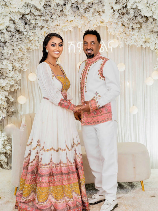 Couple Habesha Outfit Multicolor Embroidery Matching Ethiopian Traditional Dress