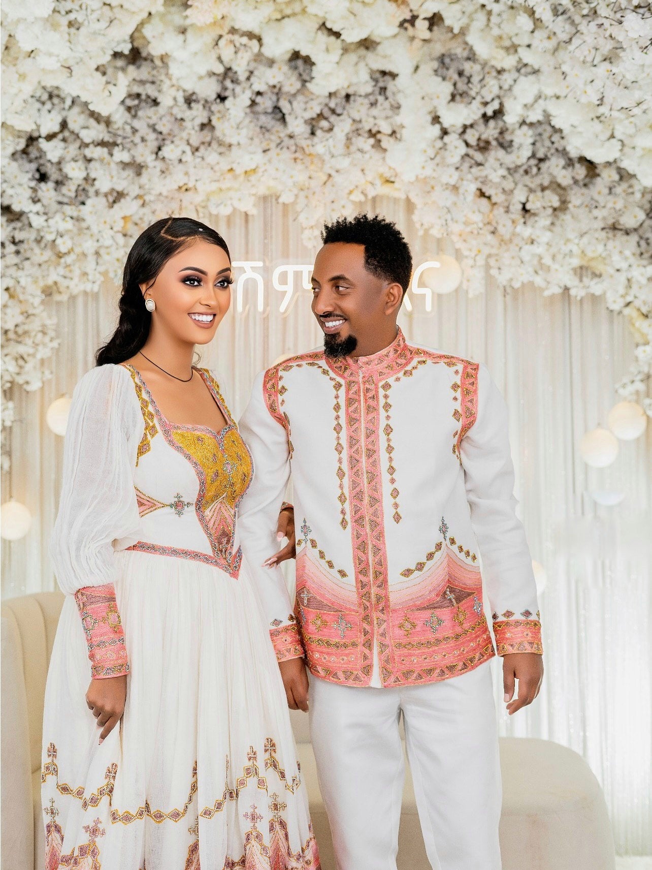 Couple Habesha Outfit with Multicolor Embroidery Elegant Matching Ethiopian Traditional Dress 214