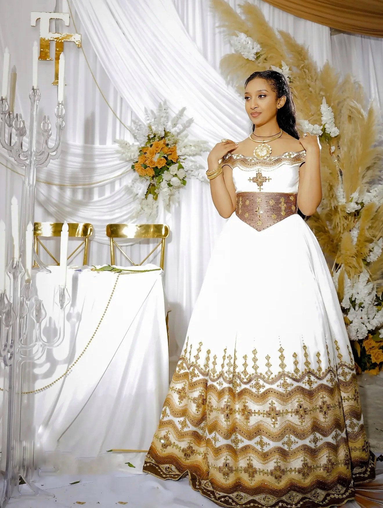 Off Shoulder Gold Embroidery Habesha Dress Ethiopian Wedding Dress Traditional Ethiopian Wedding Dress