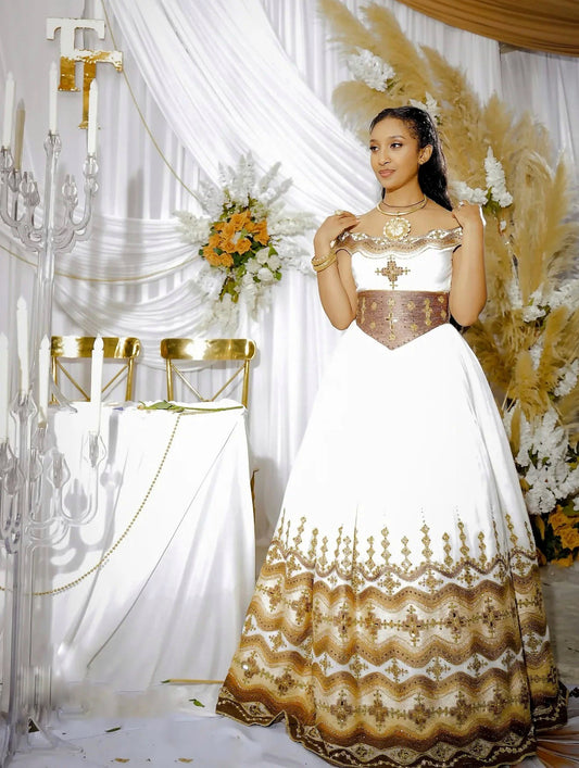 Off Shoulder Gold Embroidery Habesha Dress Ethiopian Wedding Dress Traditional Ethiopian Wedding Dress