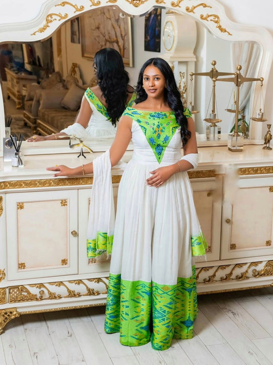 Green Embroidery Habesha Kemis  Habesha Cloth Traditional Ethiopian Dress
