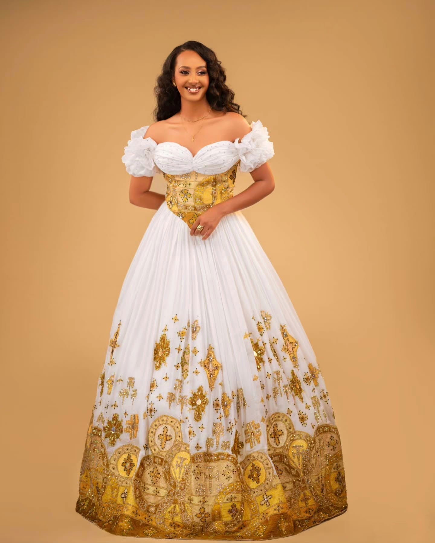 Off-Shoulder Habesha Kemis Traditional Ethiopian Wedding Dress |Elegant Gold Embroidery