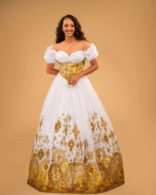 Off-Shoulder Habesha Kemis Traditional Ethiopian Wedding Dress |Elegant Gold Embroidery