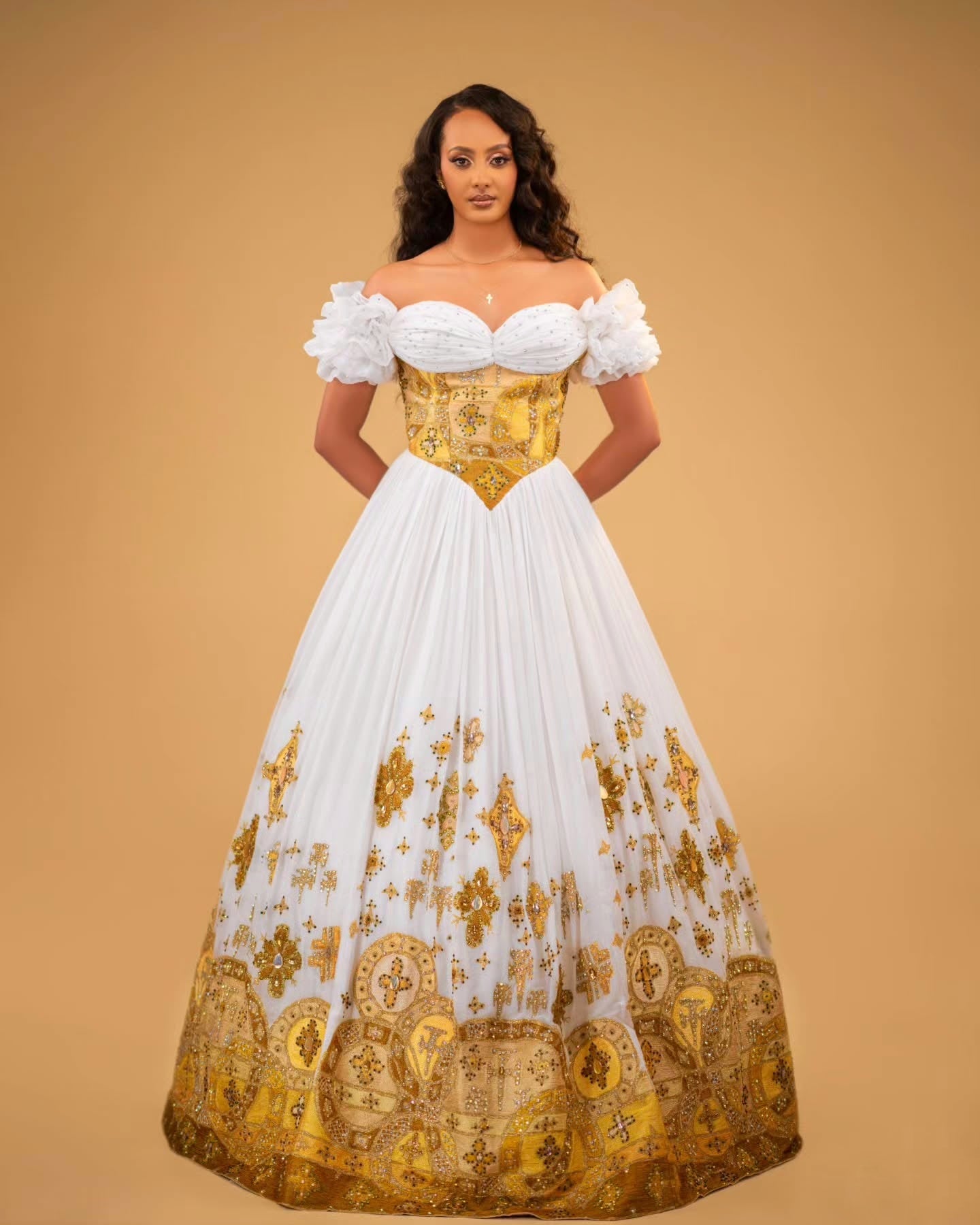 Off-Shoulder Habesha Kemis Traditional Ethiopian Wedding Dress Gold Embroidery Habesha Dress 173