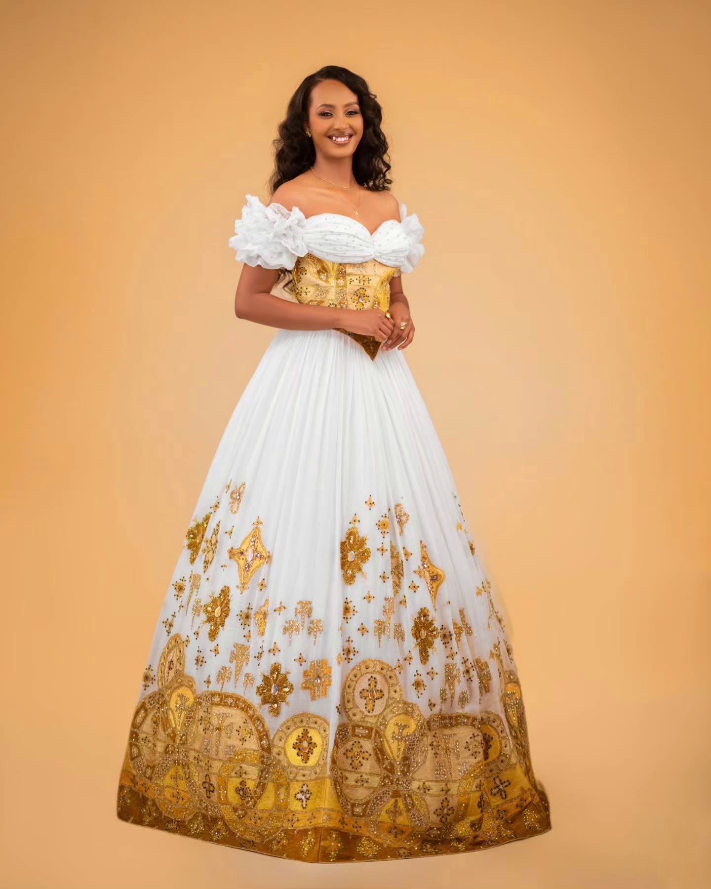 Off-Shoulder Habesha Kemis Traditional Ethiopian Wedding Dress Gold Embroidery Habesha Dress 173