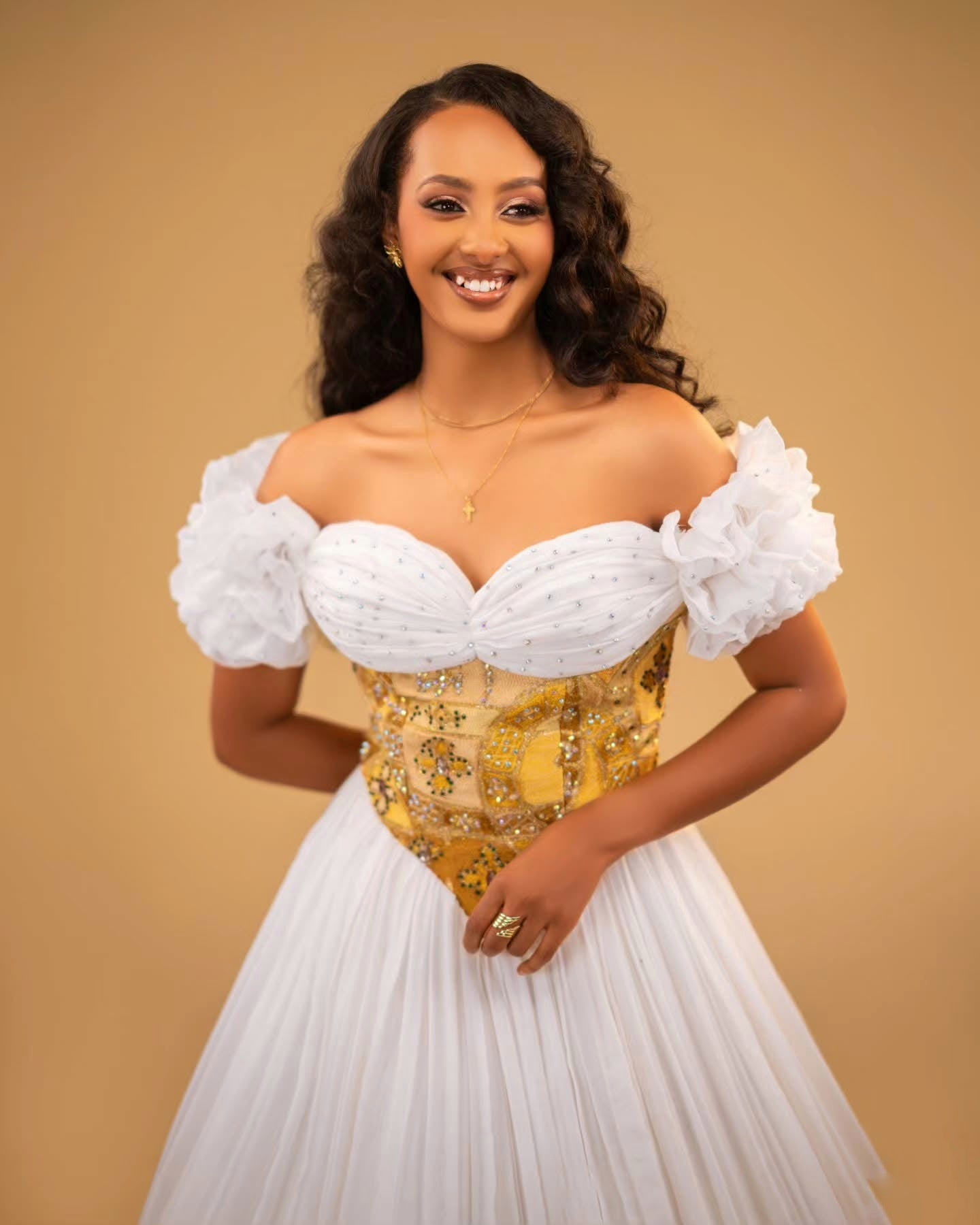 Off-Shoulder Habesha Kemis Traditional Ethiopian Wedding Dress Gold Embroidery Habesha Dress 173