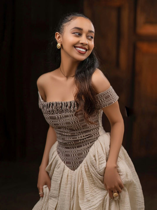 Off-Shoulder Habesha Dress Modern Traditional Ethiopian Clothing Made from Habesha Cloth
