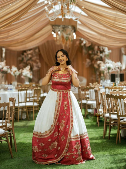 Traditional Ethiopian Wedding Dress  Red and Gold Embroidery Habesha Kemis Royal Eritrean And Habesha Dress 189