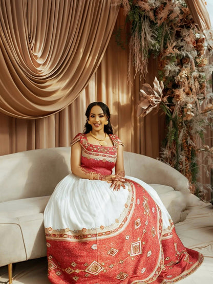 Traditional Ethiopian Wedding Dress  Red and Gold Embroidery Habesha Kemis Royal Eritrean And Habesha Dress 189