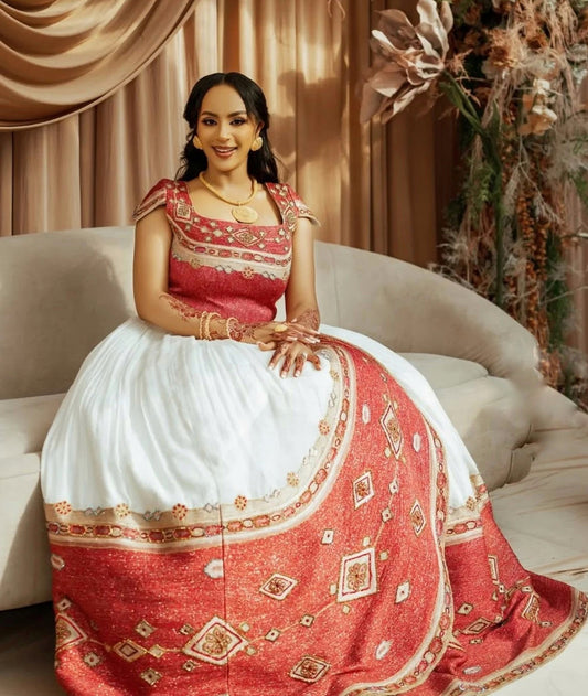 Traditional Ethiopian Wedding Dress  Red and Gold Embroidery Habesha Kemis Royal Eritrean And Habesha Dress 189