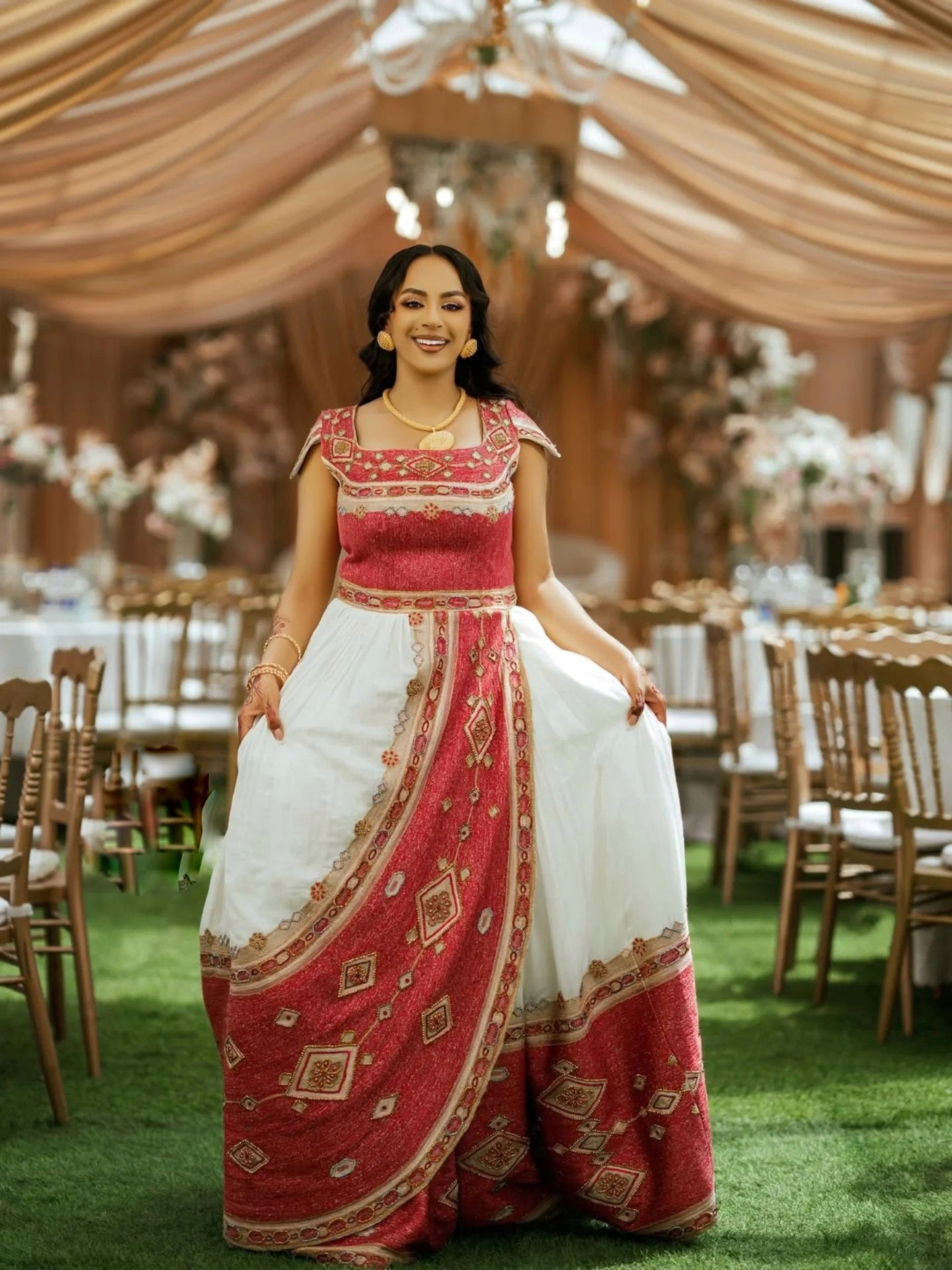Traditional Ethiopian Wedding Dress  Red and Gold Embroidery Habesha Kemis Royal Eritrean And Habesha Dress 189