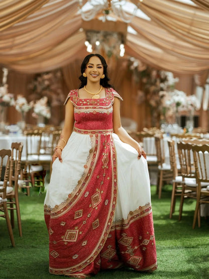 Traditional Ethiopian Wedding Dress  Red and Gold Embroidery Habesha Kemis Royal Eritrean And Habesha Dress 189