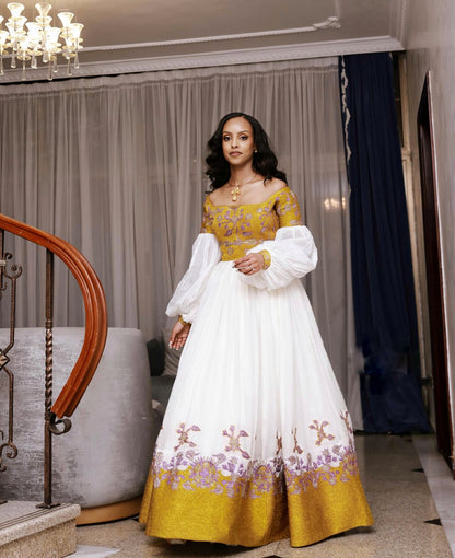 Puff Long Sleeve Habesha Dress Golden Embroidery Ethiopian Wedding Dress Graceful Habesha Kemis For Wedding 614