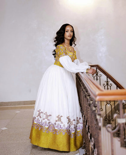 Puff Long Sleeve Habesha Dress Golden Embroidery Ethiopian Wedding Dress Graceful Habesha Kemis For Wedding 614