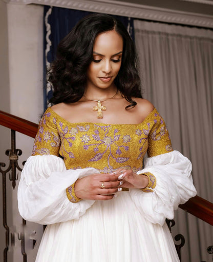 Puff Long Sleeve Habesha Dress Golden Embroidery Ethiopian Wedding Dress Graceful Habesha Kemis For Wedding 614