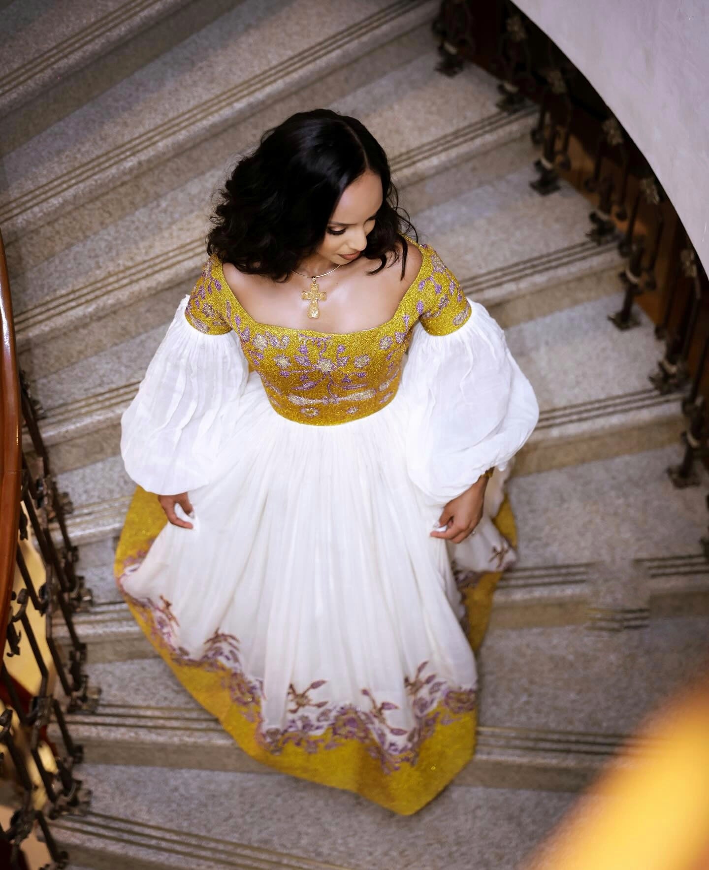 Puff Long Sleeve Habesha Dress Golden Embroidery Ethiopian Wedding Dress Graceful Habesha Kemis For Wedding 614