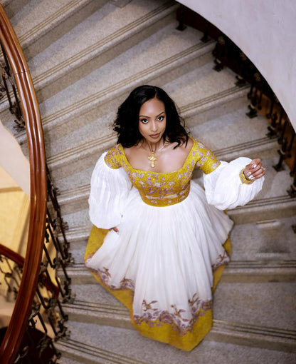 Puff Long Sleeve Habesha Dress Golden Embroidery Ethiopian Wedding Dress Graceful Habesha Kemis For Wedding 614