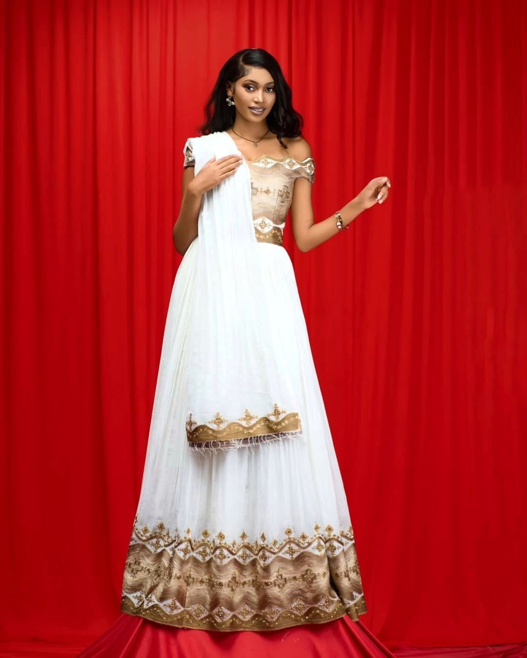 Off Shoulder Ethiopian Wedding Dress Habesha Kemis with Traditional Embroidery Graceful Habesha Dress 623