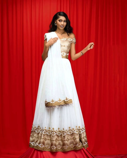 Off Shoulder Ethiopian Wedding Dress Habesha Kemis with Traditional Embroidery Graceful Habesha Dress 623