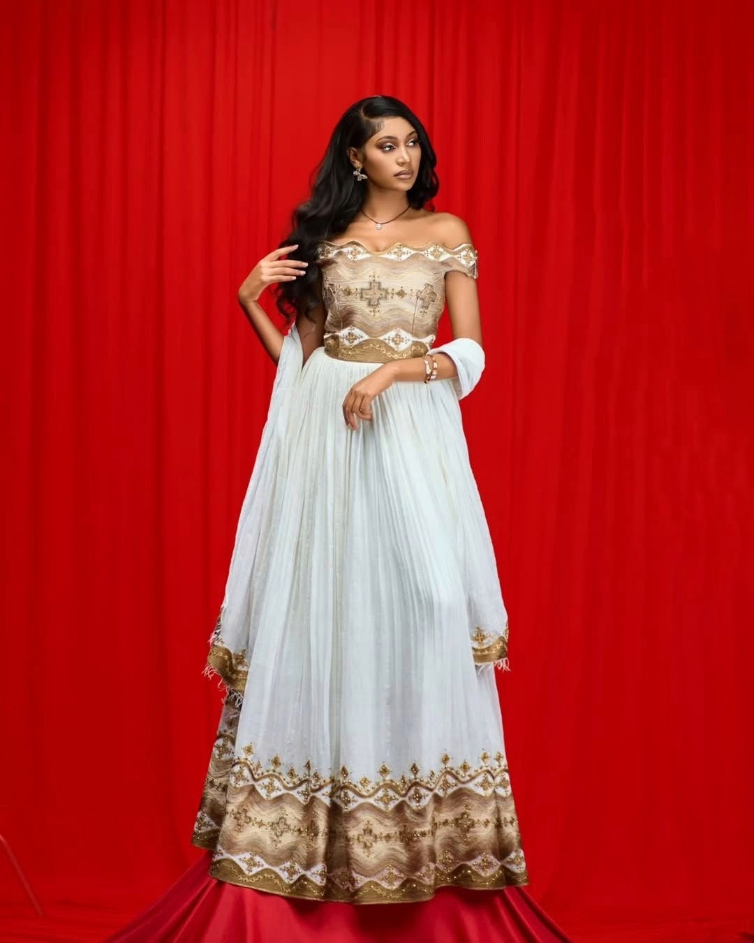 Off Shoulder Ethiopian Wedding Dress Habesha Traditional Dress
