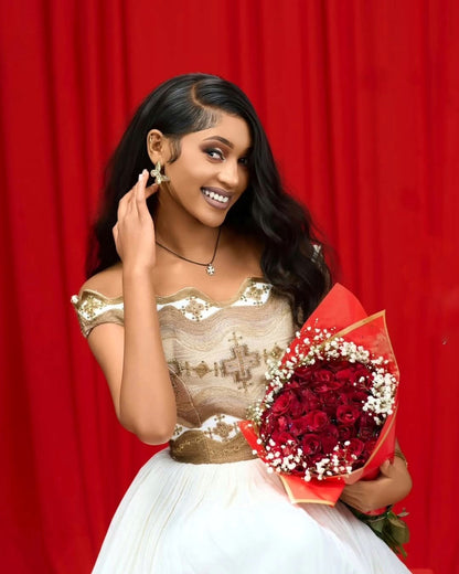 Off Shoulder Ethiopian Wedding Dress Habesha Kemis with Traditional Embroidery Graceful Habesha Dress 623
